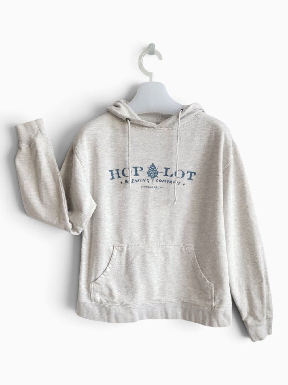 HopHop Lot Brewing Company Hoodie M Michigan Craft Beer Graphic Pullover Oatmeal